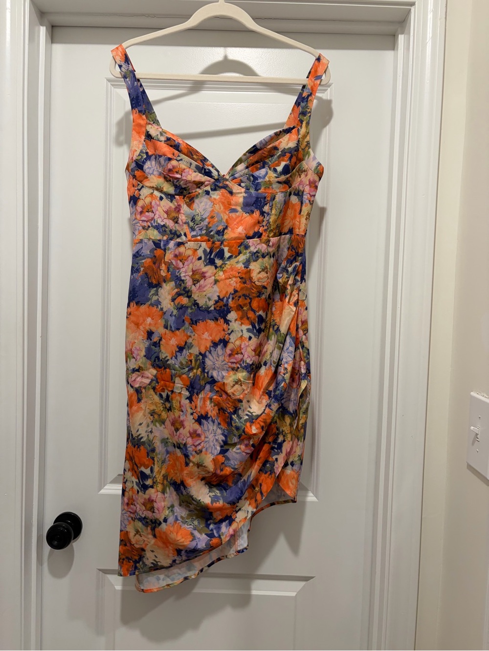 Cider Floral High-Low Slip Dress in Orange & Blue